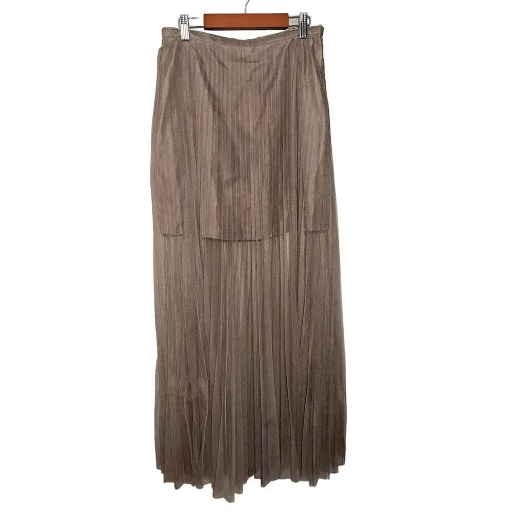 Silvian Heach Sheer‎ Long Skirt Lined Pleated Women’s Size Small Dark Tan